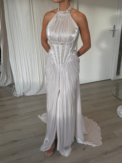Halter Corset Evening Gown with Beaded Trim