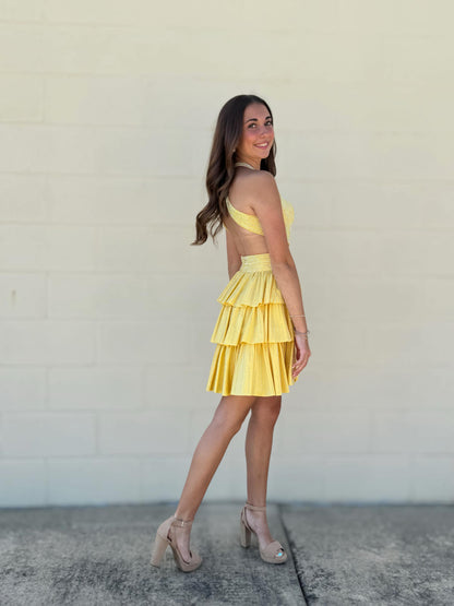 Halter Cutout Tiered Ruffle Mini Dress