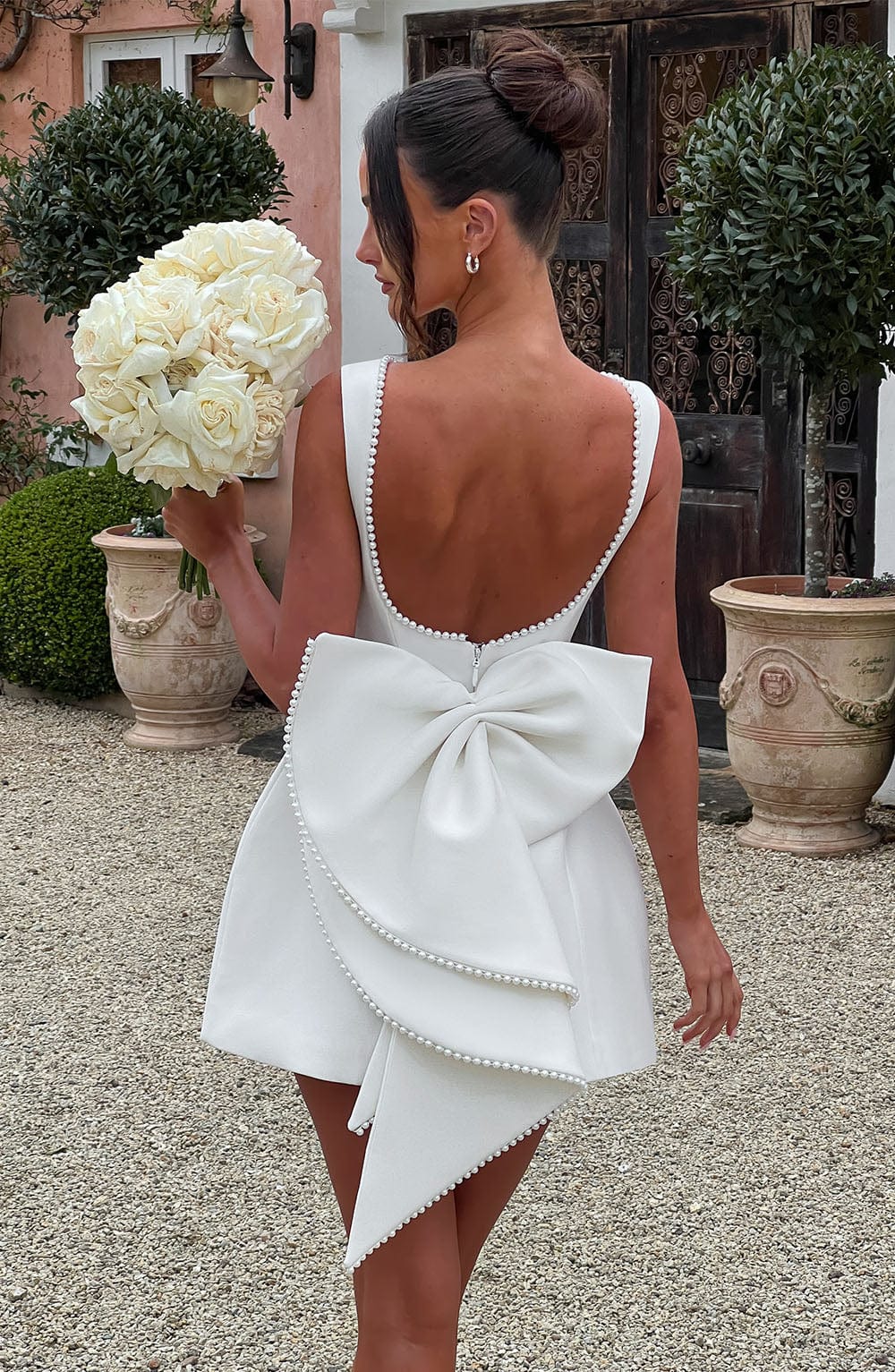 Pearl Trim Open Back Mini Dress with Statement Bow