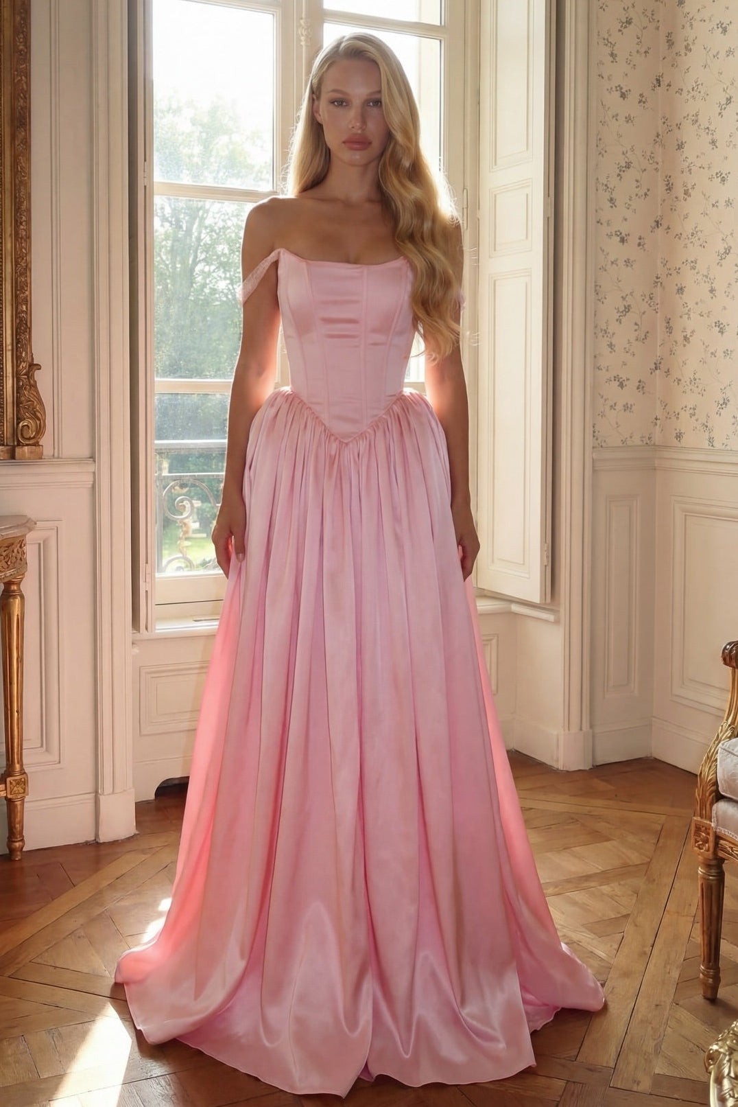 Off-the-Shoulder Satin Corset Ball Gown