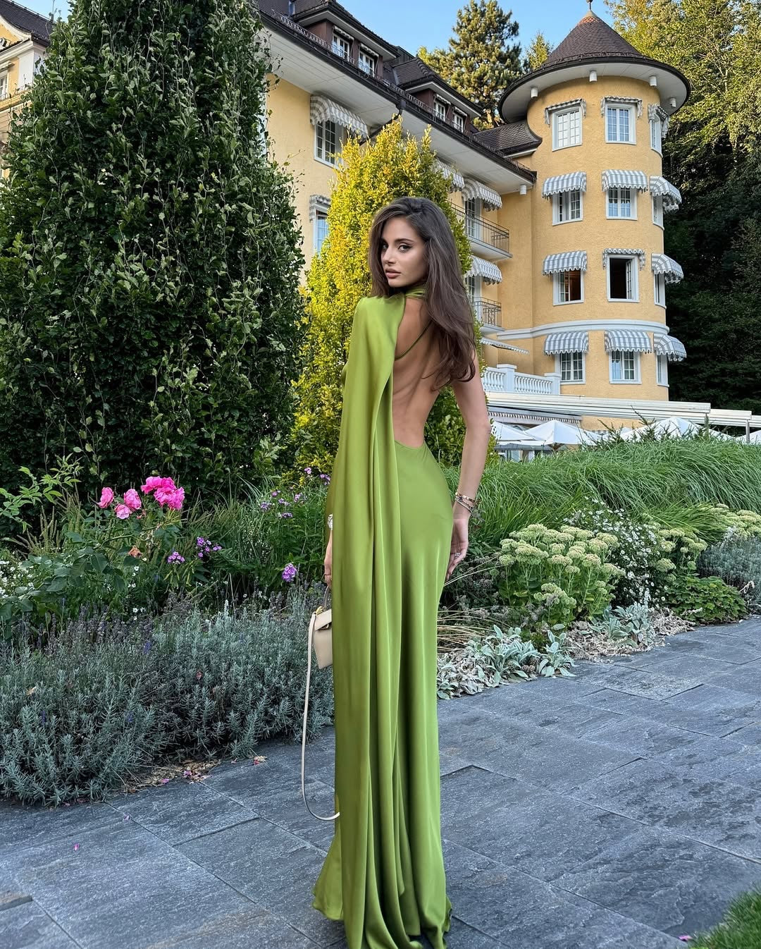 One Shoulder Satin Cape Backless Gown