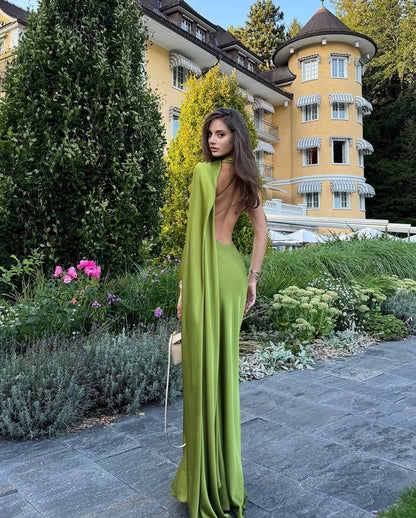 One Shoulder Satin Cape Backless Gown