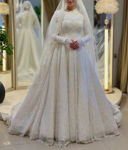 High Neck Long Sleeve Lace Ball Gown Wedding Dress