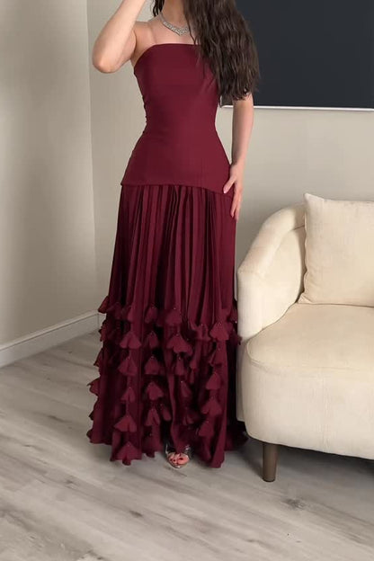 Corset Pleated Evening Gown with Tiered Appliques