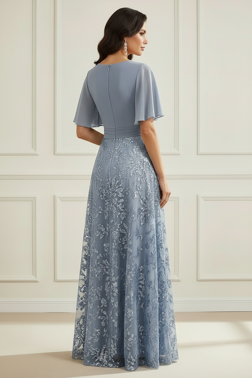 V-Neck Flutter Sleeve A-Line Gown with Sequin Skirt