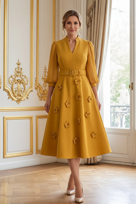 A-Line Midi Dress with 3D Flowers and Belt