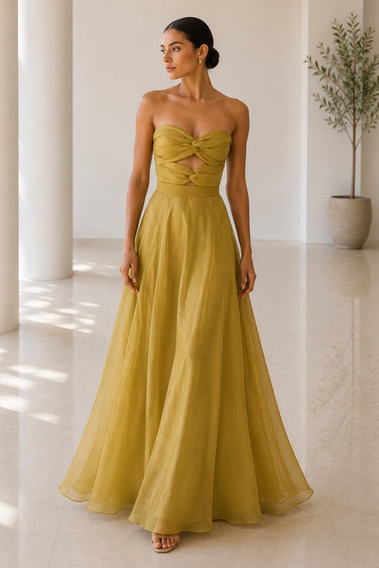 Strapless Twist-Front Cut-Out A-Line Evening Gown