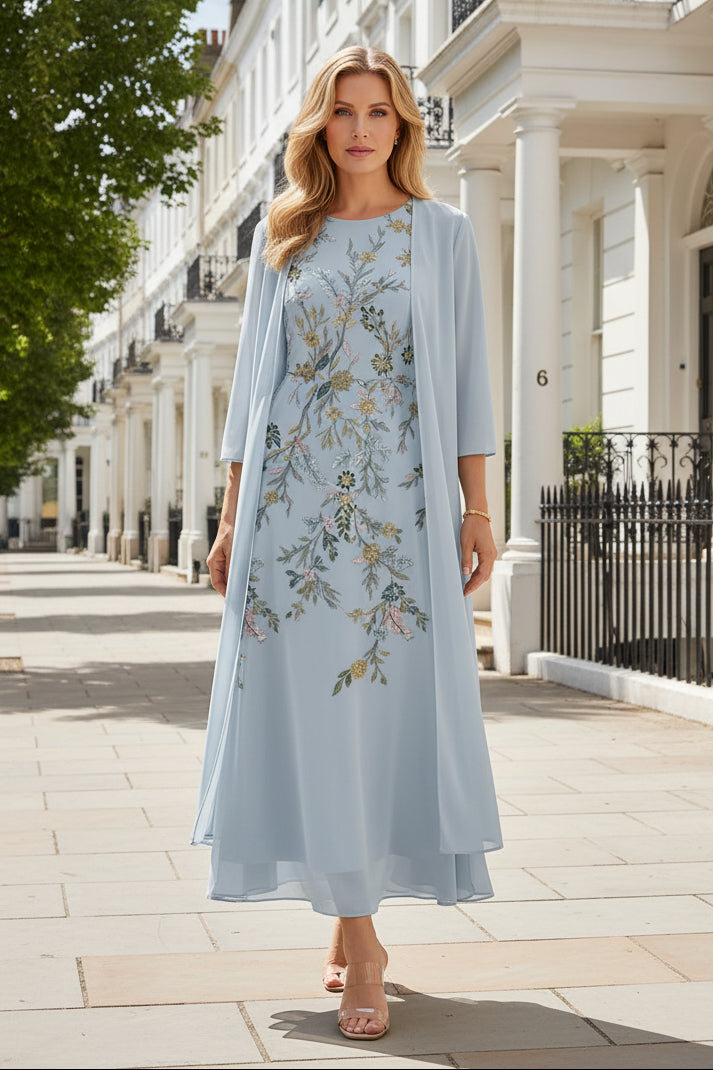 Floral Embroidered A-Line Dress with Matching Duster Jacket