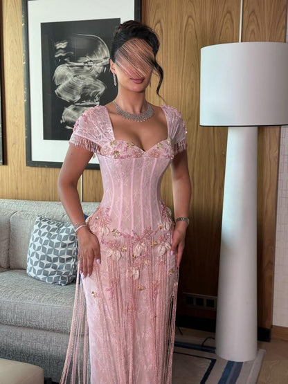 Corset Bodice Fringe Maxi Evening Dress