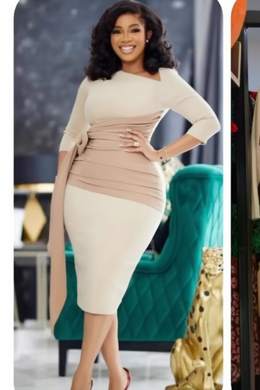 Asymmetrical Neck Midi Dress with Pleated Waist Drape
