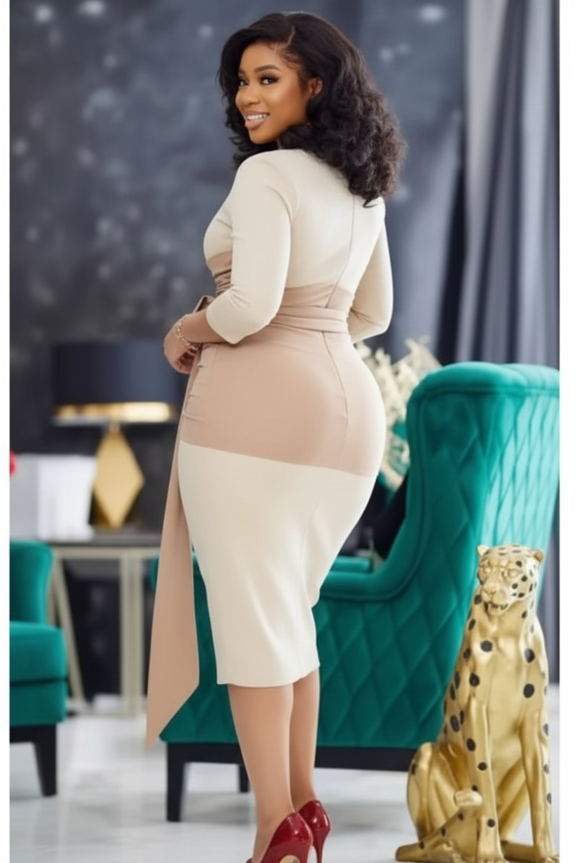 Asymmetrical Neck Midi Dress with Pleated Waist Drape