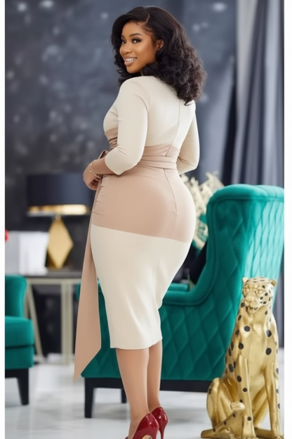 Asymmetrical Neck Midi Dress with Pleated Waist Drape