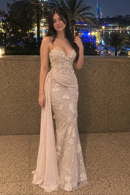 Strapless Floral Applique Gown with Side Drape