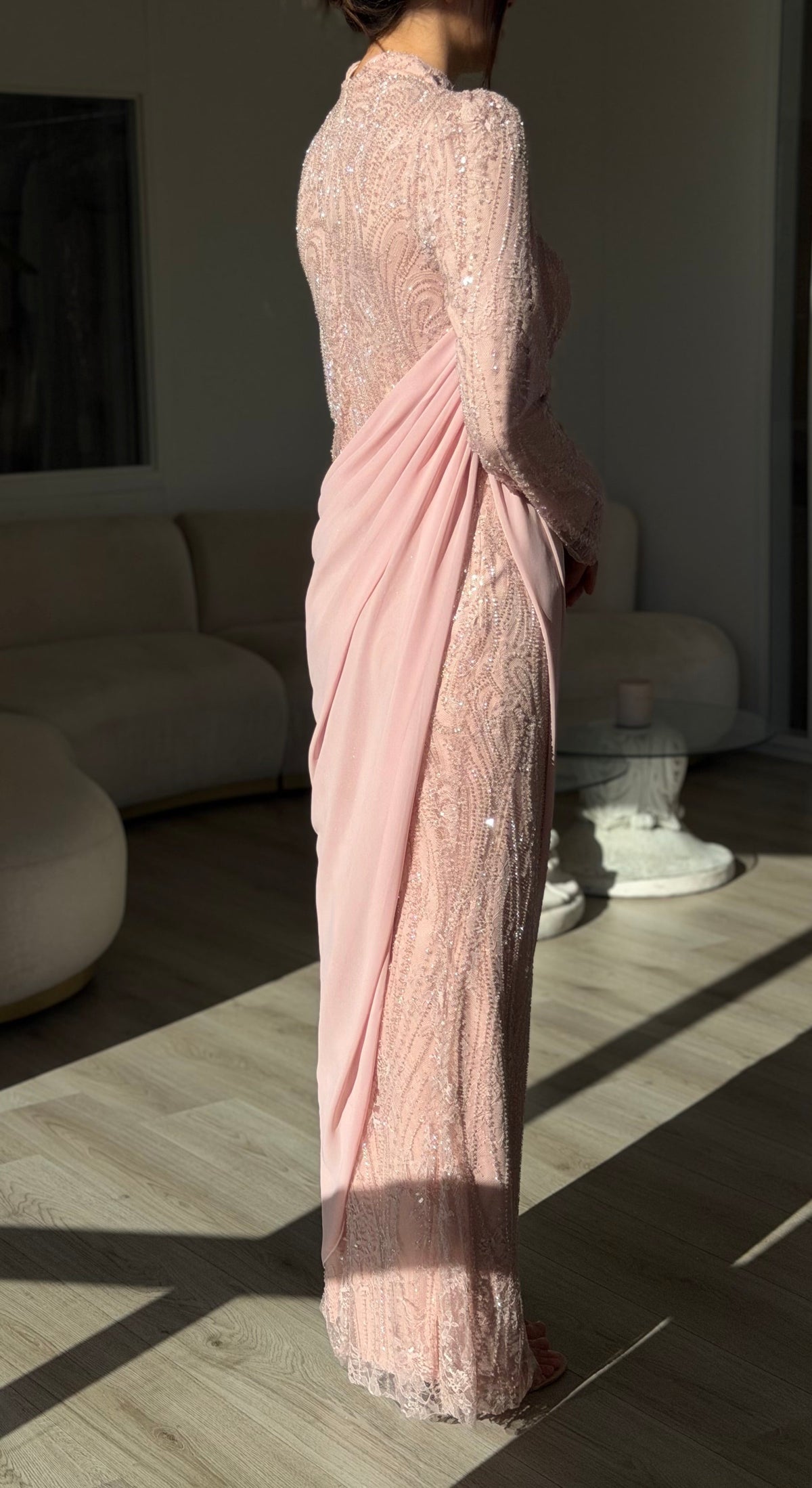 Embellished Long Sleeve Gown with Draped Overlay