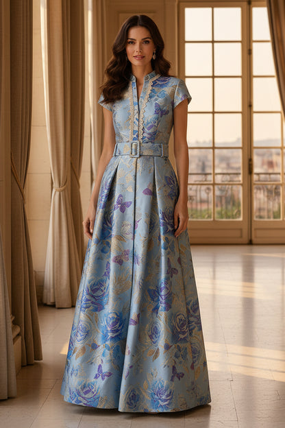 Floral Jacquard Belted A-Line Evening Gown