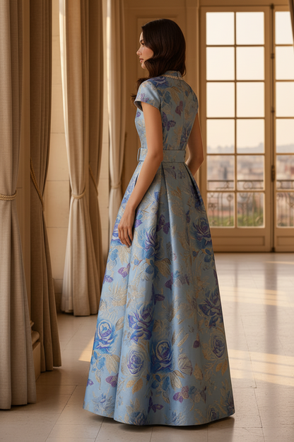 Floral Jacquard Belted A-Line Evening Gown