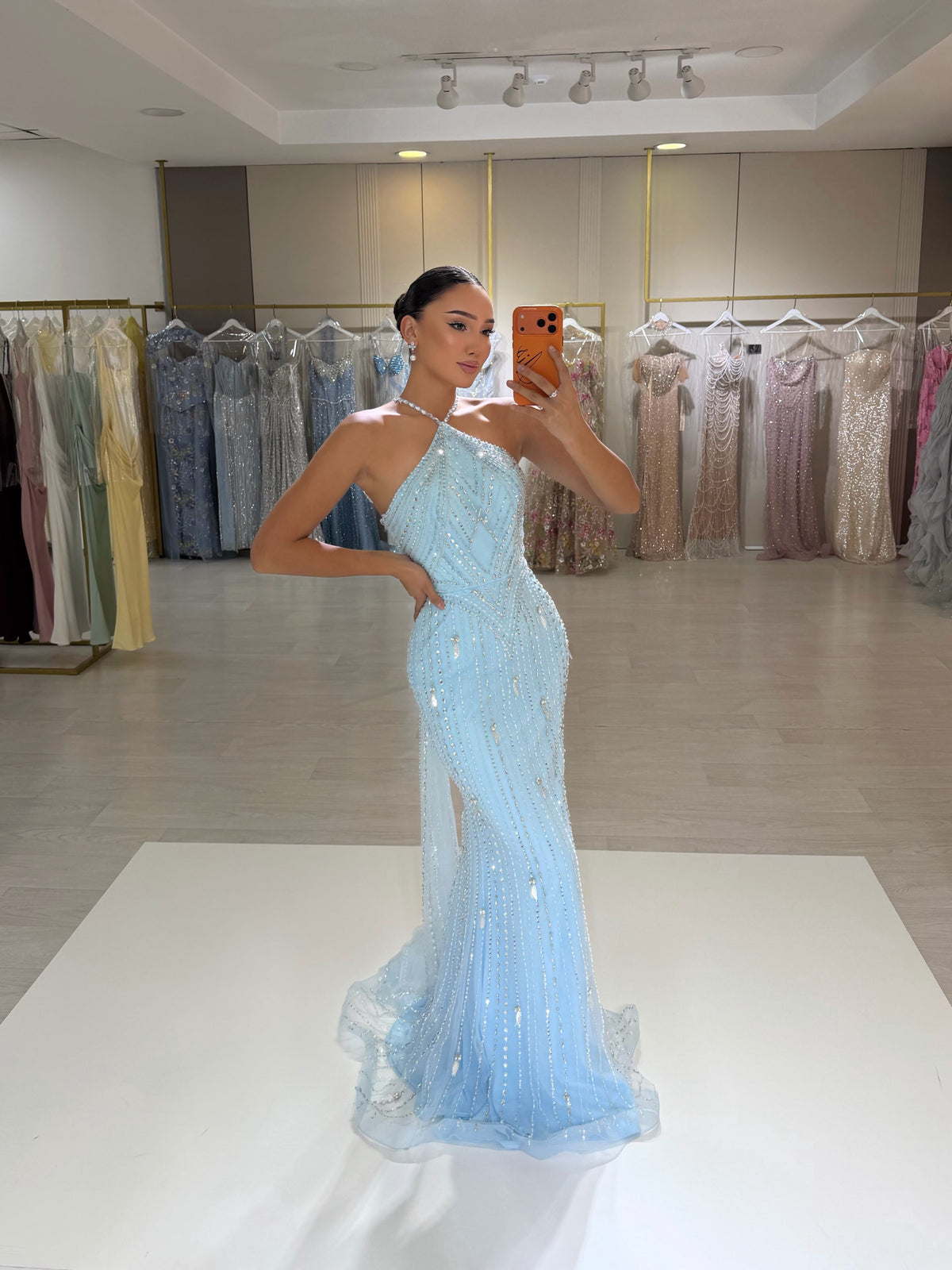 Halter Beaded Mermaid Gown with Diamond Pattern