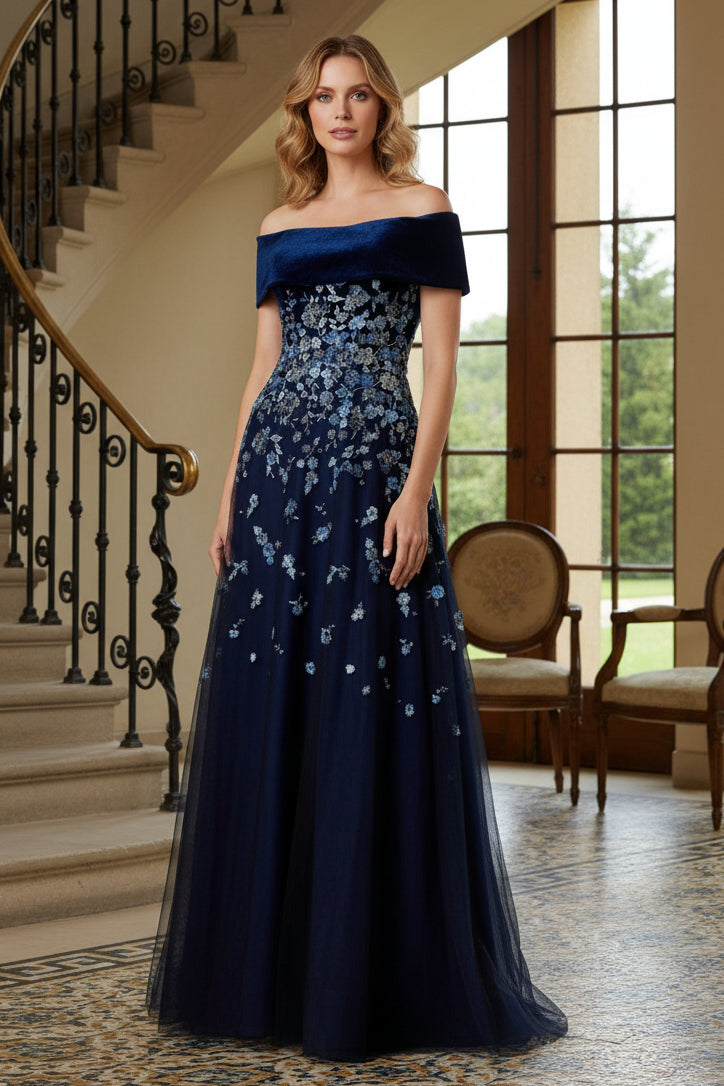 Off-the-Shoulder Floral Embroidered Tulle Evening Gown