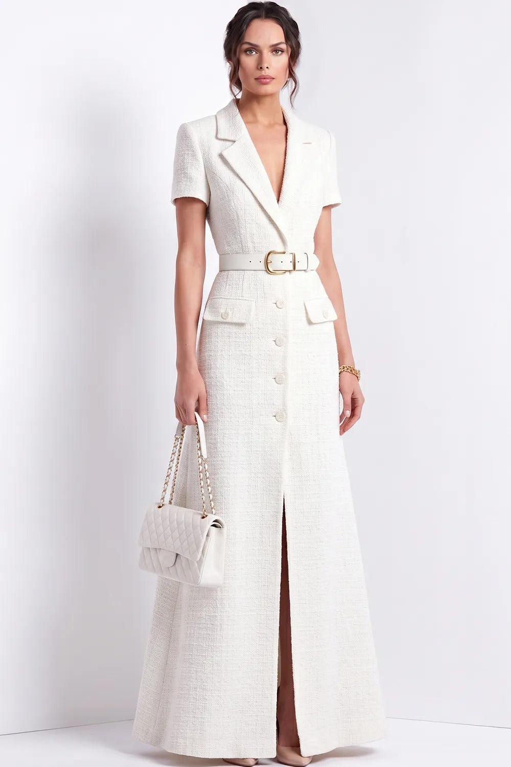 Belted Tweed Blazer Maxi Dress with Front Slit