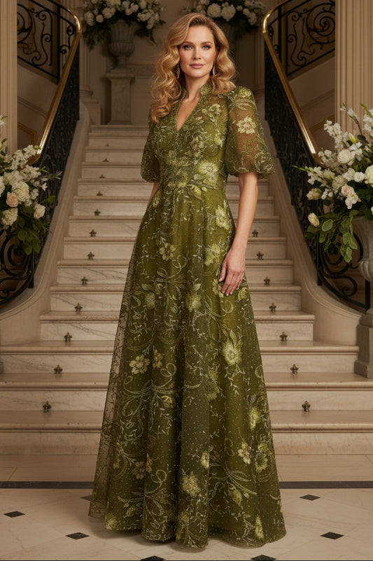 Embroidered A-Line Evening Gown with Puff Sleeves
