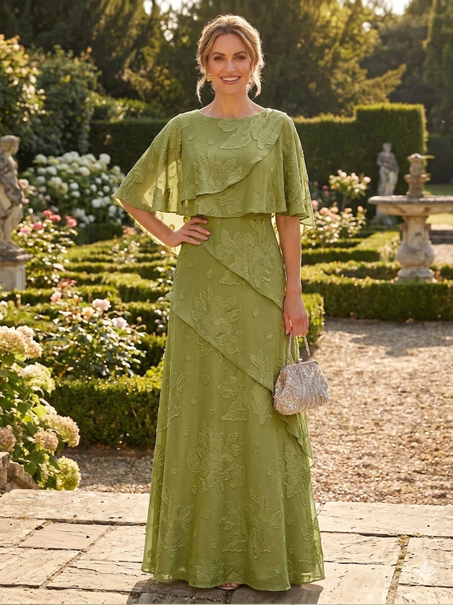 Embroidered Capelet A-Line Gown with Tiered Skirt