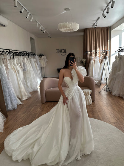 Pleated One-Shoulder Ball Gown Wedding Dress
