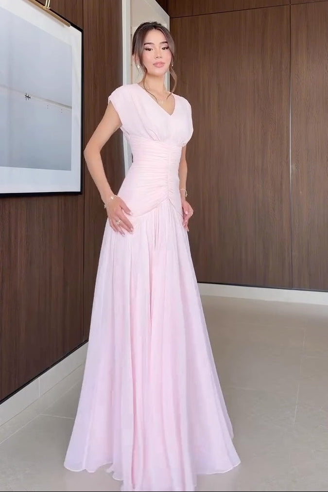 Ruched Bodice Cap Sleeve A-Line Maxi Dress
