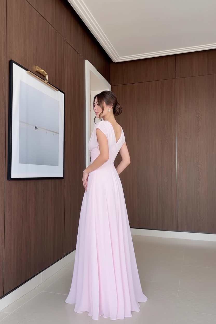 Ruched Bodice Cap Sleeve A-Line Maxi Dress