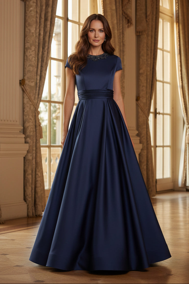 Beaded Neckline Satin A-Line Evening Gown
