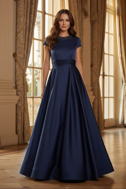 Beaded Neckline Satin A-Line Evening Gown