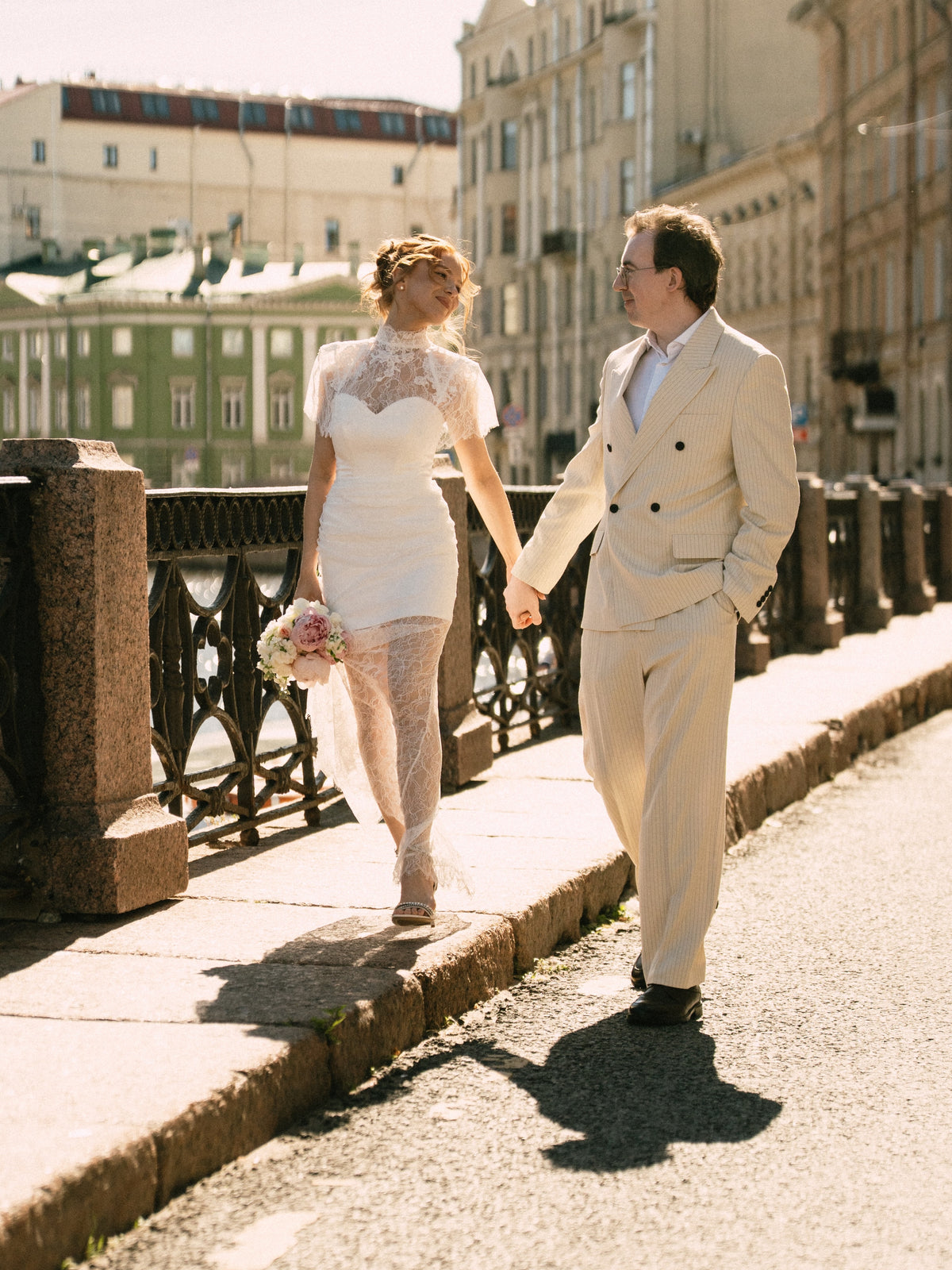 High-Neck Lace Sheath Wedding Dress with Sheer Skirt