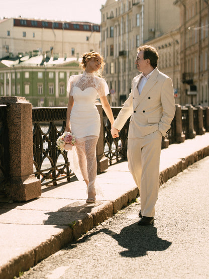 High-Neck Lace Sheath Wedding Dress with Sheer Skirt