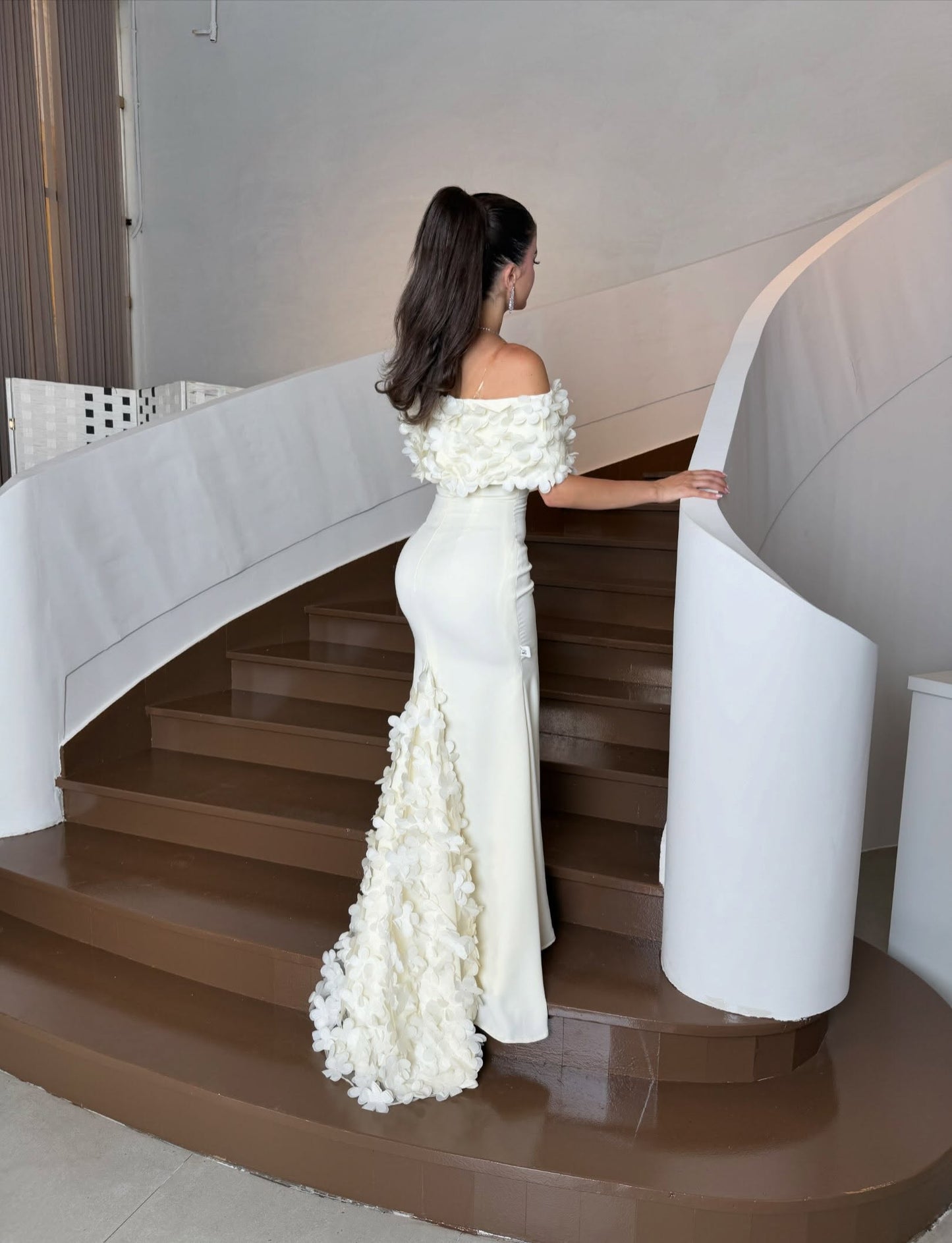 Off-the-Shoulder 3D Floral Crepe Evening Gown