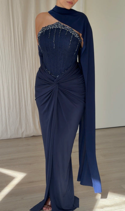 Beaded Corset Evening Gown with Scarf Drape