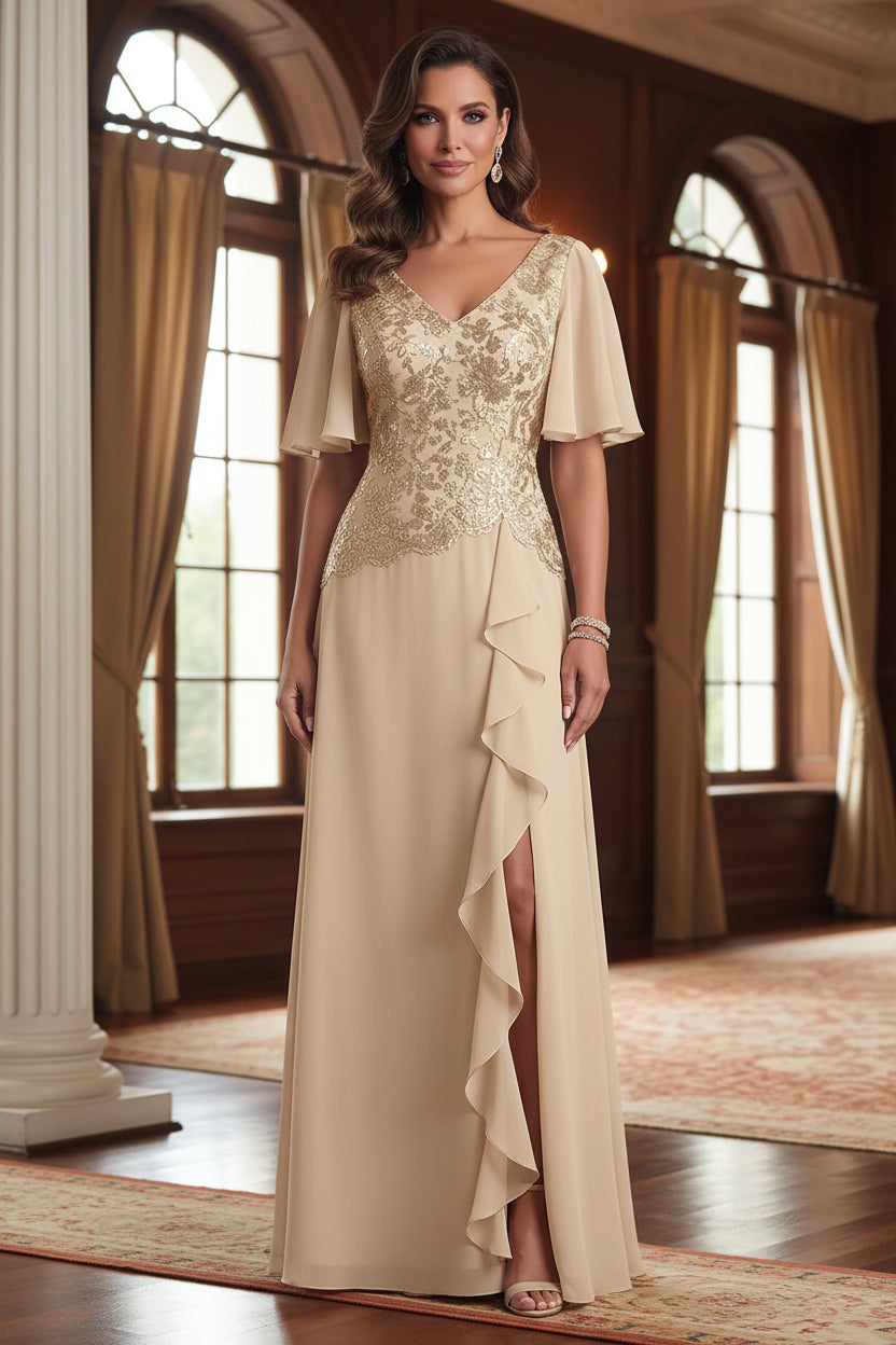 V-Neck Flutter Sleeve Embellished Evening Gown with Ruffles