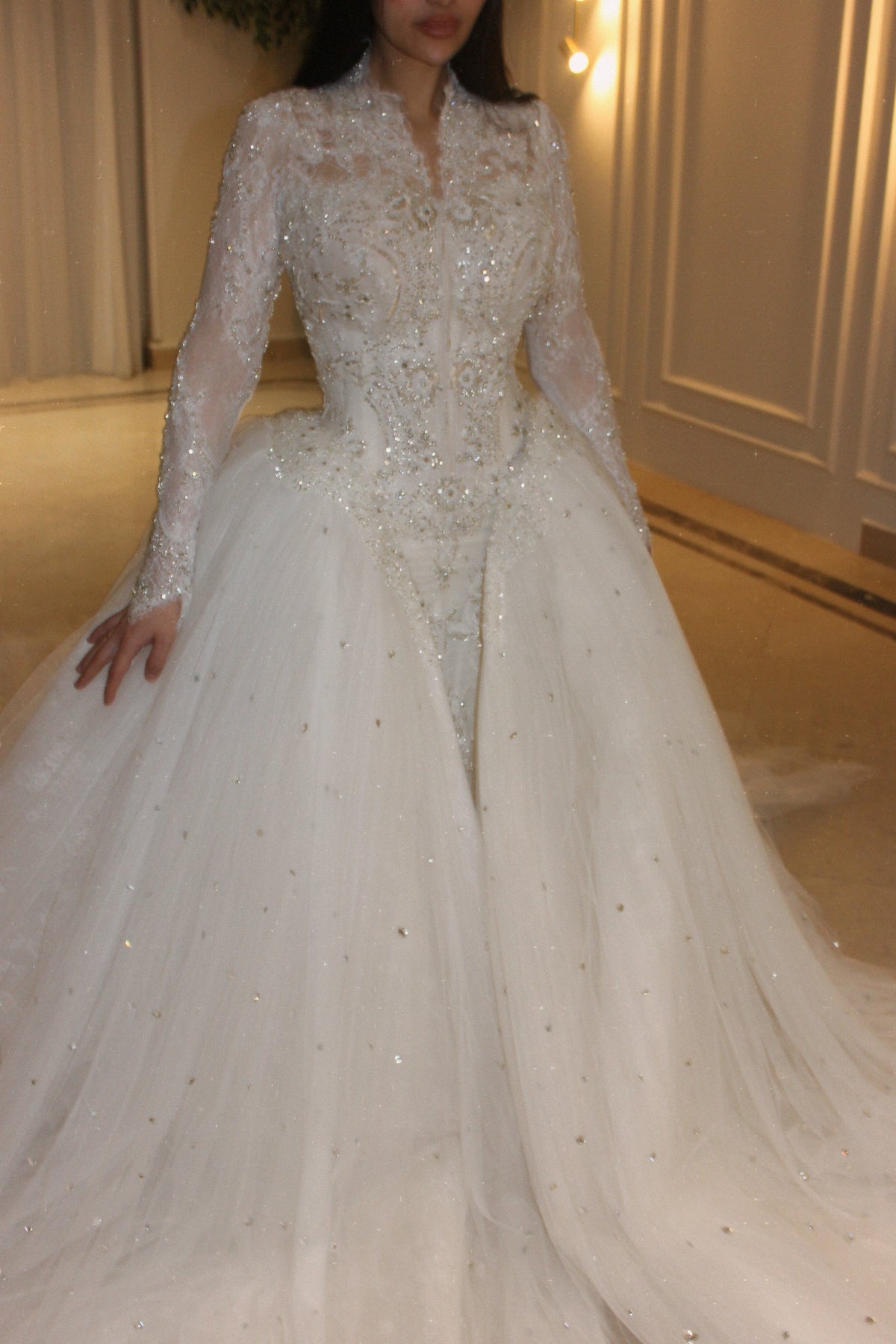 Beaded Lace Wedding Dress with Overskirt