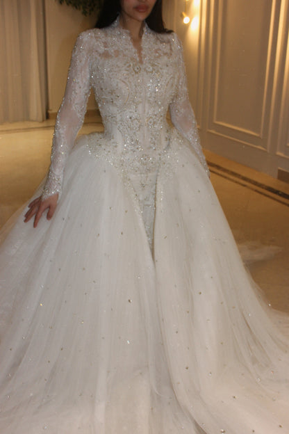 Beaded Lace Wedding Dress with Overskirt