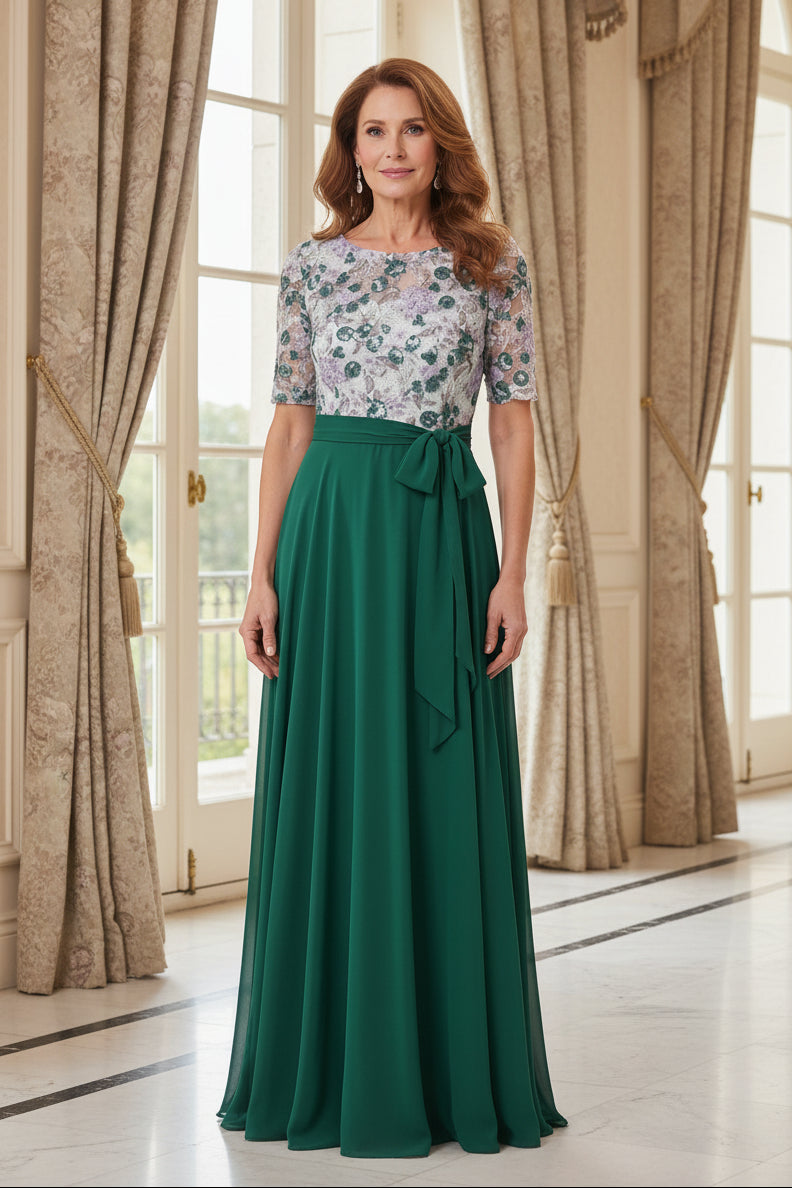 Floral Lace Bodice Floor-Length A-Line Dress