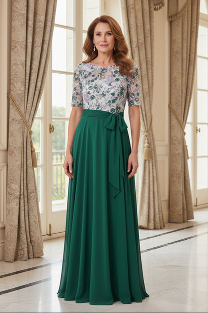 Floral Lace Bodice Floor-Length A-Line Dress