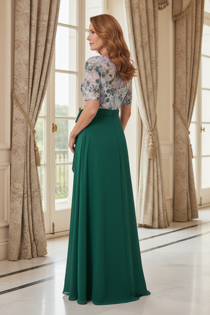 Floral Lace Bodice Floor-Length A-Line Dress