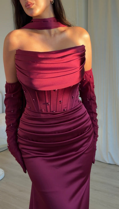 Strapless Corset Satin Gown with Embellished Gloves