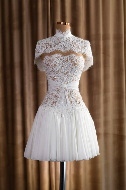 Lace High Neck Capelet Mini Dress with Pleated Skirt