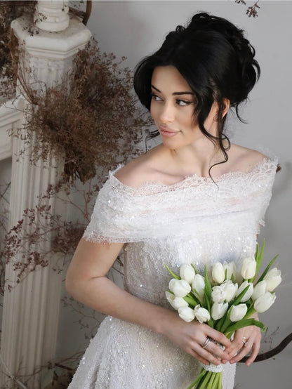 Off-the-Shoulder Sequin Lace A-Line Wedding Dress