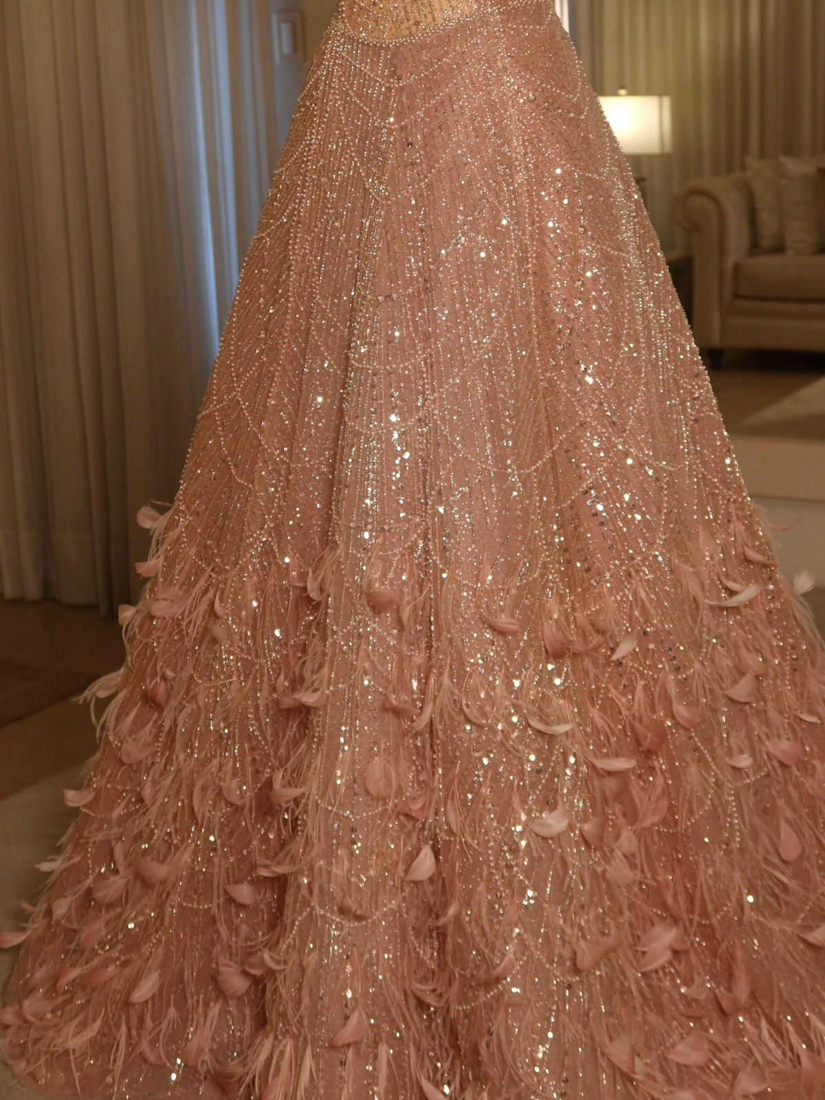 Beaded Feather Ball Gown Evening Dress