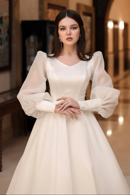 A-Line Wedding Dress with Puffy Sheer Sleeves