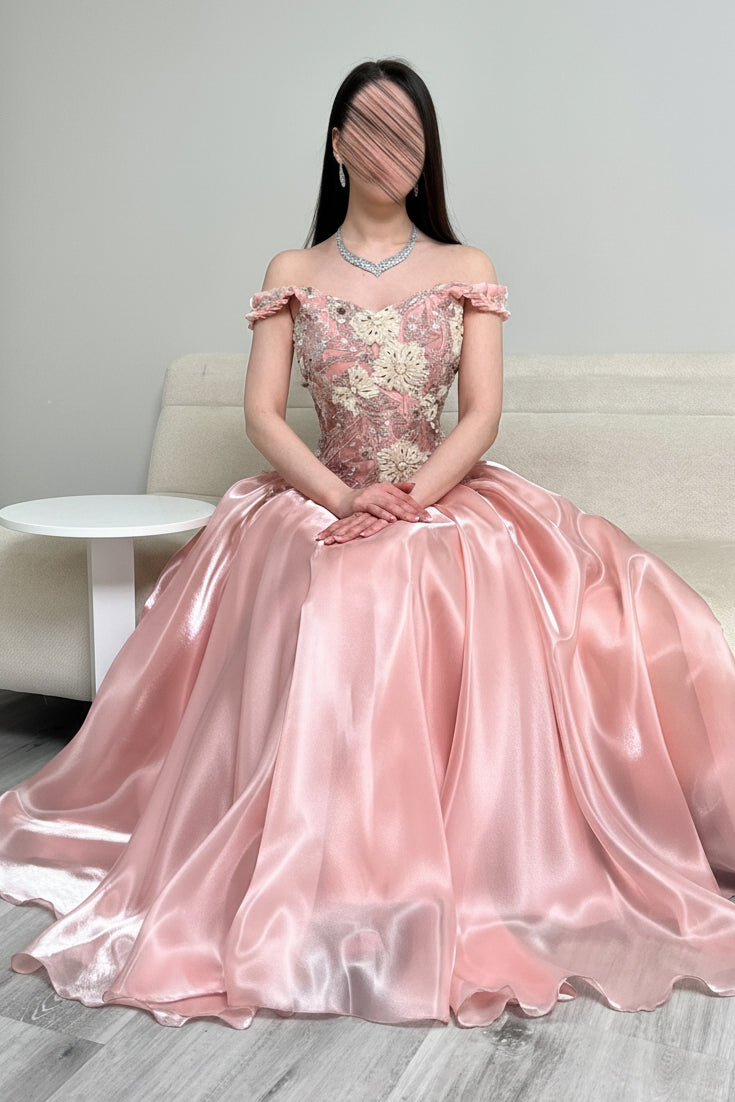 Off-the-Shoulder Floral Applique Ball Gown