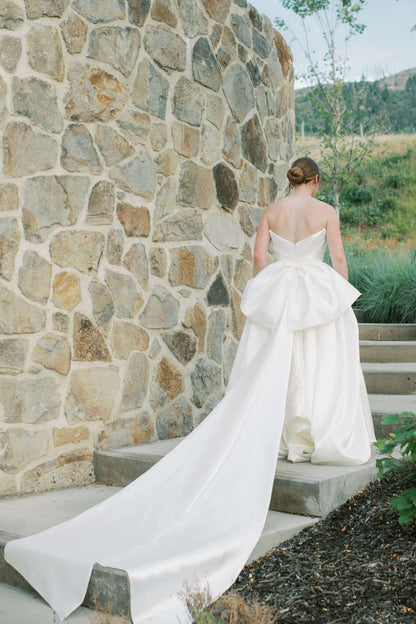 Strapless Satin A-Line Wedding Dress with Bow Train