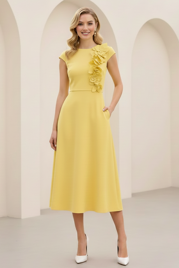 3D Flower Crepe A-Line Midi Dress with Pockets