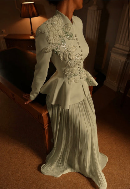 Embroidered Peplum Jacket and Pleated Skirt Set