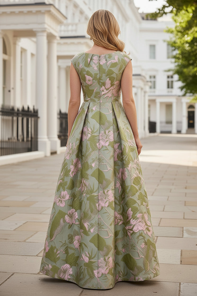 Floral Jacquard Bateau A-Line Evening Gown